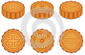 Set of isolated chinese mooncakes. Traditional cakes of mid autumn festival