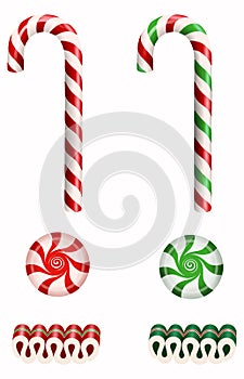 Set isolated christmas candies with candy canes, ribbon candies and starlight peppermint candies