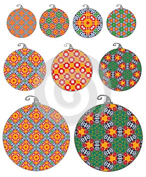 Set of isolated Christmas decorations holiday ornaments in different sizes with fun red, green and gold atterns