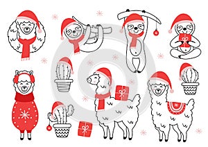 Set of isolated Christmas Llama,sloth,cactus