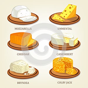 Set of isolated chunks of cheese on plates photo