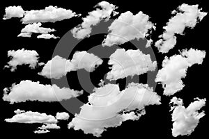 Set of isolated clouds over black. Design elements