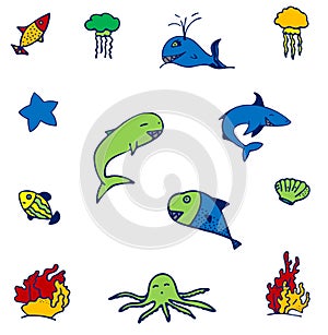Set of isolated colored fish, seashell, starfish, jellyfish and coral on white background.