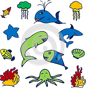 Set of isolated colored fish, seashell, starfish, jellyfish and coral on white background.