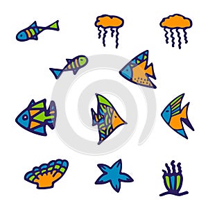 Set of isolated colored fish, seaweed, seashell, jellyfish, starfish and anemone on white background.