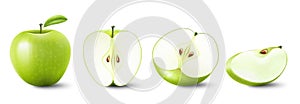 Set of isolated colored green apple half, slice and whole juicy fruit on white background. Realistic 3d vector fruit collection