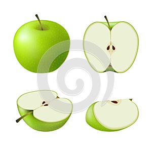 Set of isolated colored green apple half, slice and whole juicy fruit on white background. Realistic fruit collection.