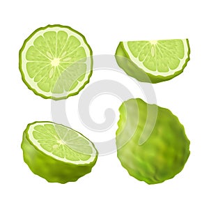 Set of isolated colored green bergamot, kaffir lime, half, slice, circle and whole juicy fruit on white background. Realistic citr