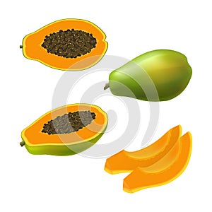 Set of isolated colored papaya, pawpaw, paw paw half with seeds, slice and whole juicy fruit on white background. Realistic fruit