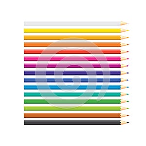 Set of isolated colored pencils arranged in row on white background. Rainbow colors. Yellow, orange, blue, green, pink, purple,