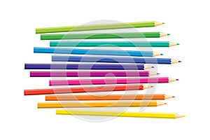 Set of isolated colored pencils on white background. Rainbow colors. Yellow, orange, blue, green, pink, purple, red