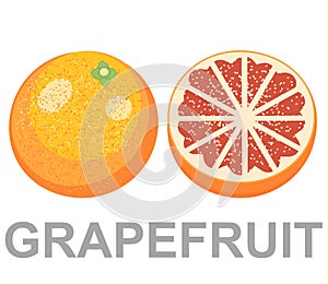 Set of isolated colored pink grapefruits, half, slice, circle and whole juicy fruit on white background.