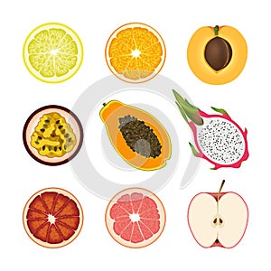 Set of isolated colored slices of lemon, orange, apricot, passion fruit, pawpaw, dragon fruit, pink grapefruit and red apple on wh