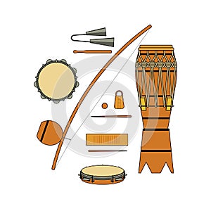 Set of isolated colorful brazilian musical instrument for bateria of capoeira on white background. Colorful collection of instrume