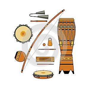 Set of isolated colorful decorative ornate brazilian musical instrument for bateria of capoeira on white background. Colored colle photo