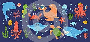 Set isolated colorful hand drawn marine animals and objects underwater world in flat vector style on dark blue background.