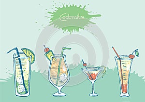 Set of isolated colorful sketch cocktails and