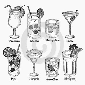 Set of isolated colorful sketch cocktails. Margarita, whiskey, tequila. Mojito, bloody mary and cuba libre.