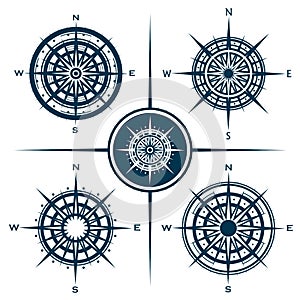 Set of isolated compass roses or wind roses