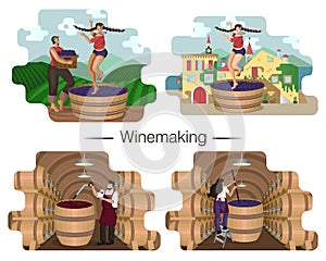 Set of isolated craft winery illustrations. Stages of winemaking