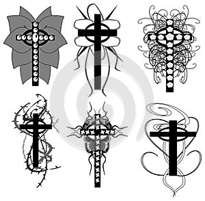 Set of isolated Crosses decorated, grey tones, religion, fantasy.