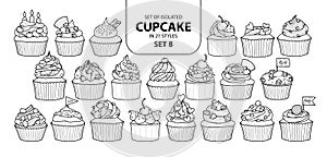 Set of isolated cupcake in 21 styles set 8.