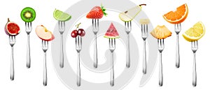 Set of isolated cut fruits on a fork