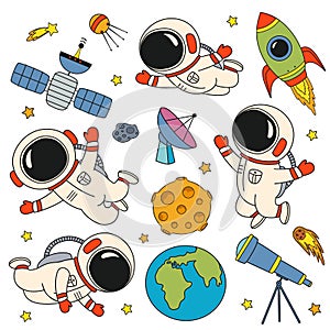 Set of isolated cute astronaut,rocket, Earth,Moon