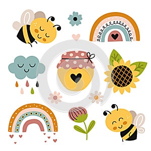 set isolated with cute bees, honey pot, flowers, rainbow, sunflower