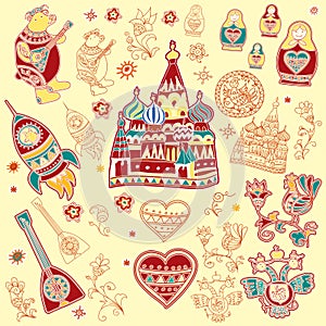 A set of isolated cute bright design elements of Russian traditional symbols