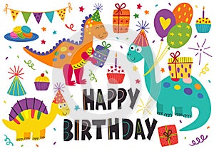 Set of isolated cute dinosaurs Happy Birthday
