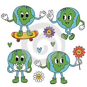 set of isolated cute groovy Earth and flower