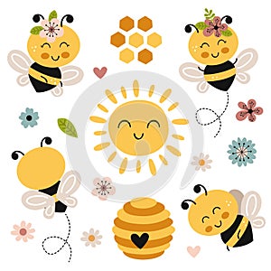 set isolated with cute happy bees, sun, flowers