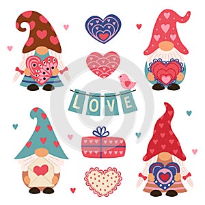 Set of isolated cute love gnomes, hearts, gifts