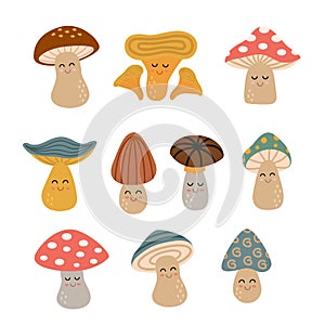 Set of isolated cute mushrooms