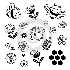 set isolated with cute outline bees, flowers