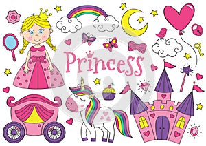 Set of isolated cute princess and design elements