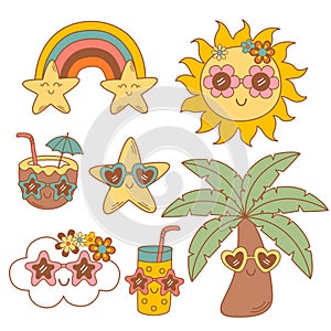 set of isolated cute sun, cloud, palm tree, starfish, rainbow