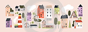 Set of isolated cute tiny houses, small buildings and trees in Scandinavian style. Trendy urban and village homes with