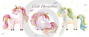 Set of Isolated cute watercolor unicorns clipart. Nursery unicorns illustration. Princess unicorns poster. Trendy cartoon horse