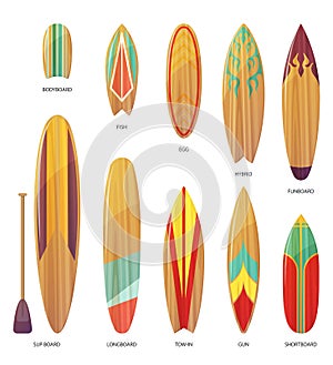 Set of isolated different types of surfboards