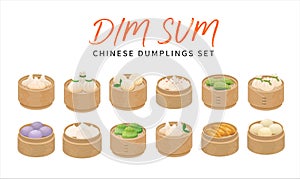 Set of isolated Dim Sum dumplings in bamboo steamer baskets. Vector illustration
