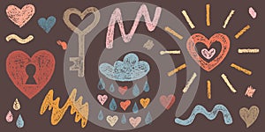 Set of Isolated Elements Hand-drawn Hearts, Key, Cloud, Sun, Scribbles. Style of Children's Drawing