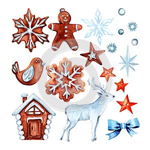 Set of isolated elements snowflakes, star, bow, gingerbread, house, man, deer. Merry Christmas.