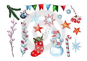 Set of isolated elements twigs, berries, sock, lollipop staff, bells, snowman, flags garland, Christmas star. Christmas decor whit