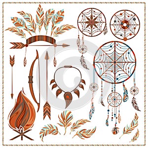 Set isolated ethnic elements arrows, feathers