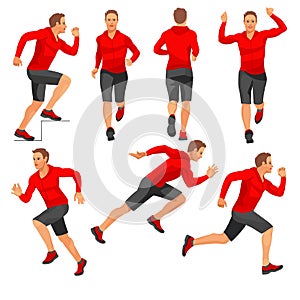 A set of isolated figures of a running man in warm seasonal sportswear