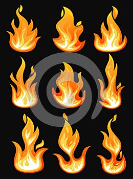 Icons with flame or burning fire, fireball