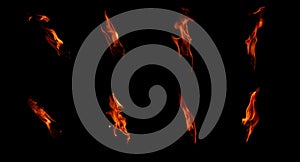 Set of isolated flames on a black background