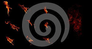 Set of isolated flames on black background